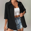 Crinkle Texture Oversized Button Down Shirt - black