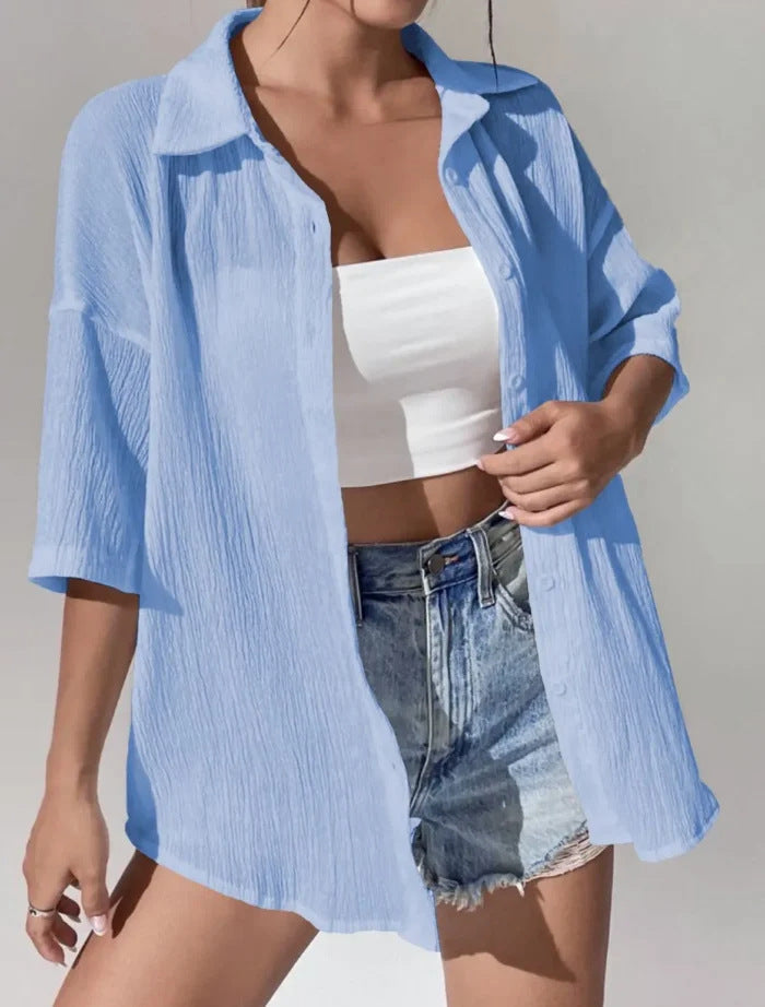 Crinkle Texture Oversized Button Down Shirt - blue