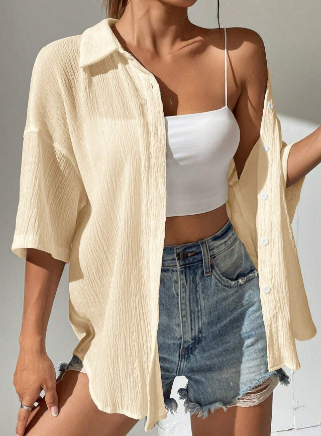 Crinkle Texture Oversized Button Down Shirt