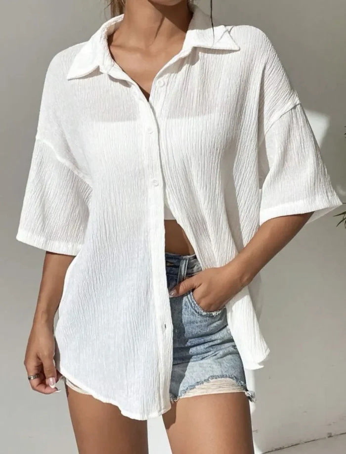 Crinkle Texture Oversized Button Down Shirt - view 1