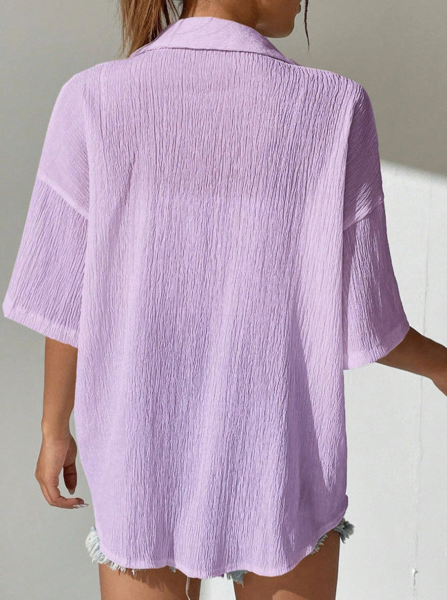 Crinkle Texture Oversized Button Down Shirt - view 2