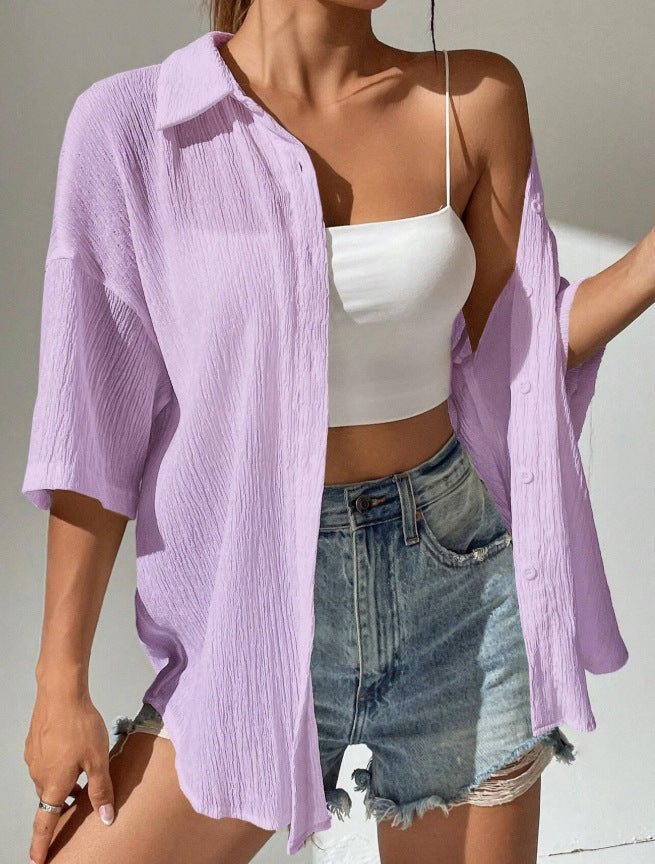Crinkle Texture Oversized Button Down Shirt - view 3