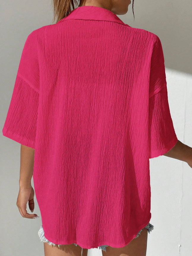 Crinkle Texture Oversized Button Down Shirt - view 4