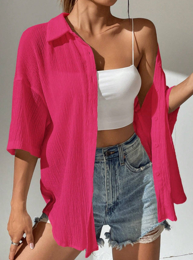 Crinkle Texture Oversized Button Down Shirt - view 5
