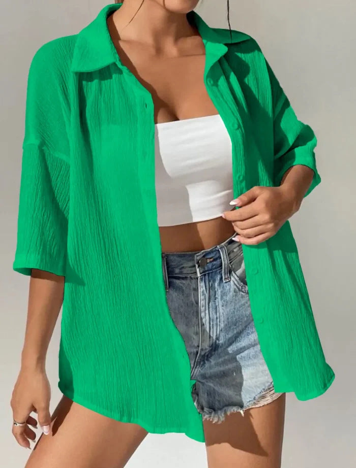 Crinkle Texture Oversized Button Down Shirt - green
