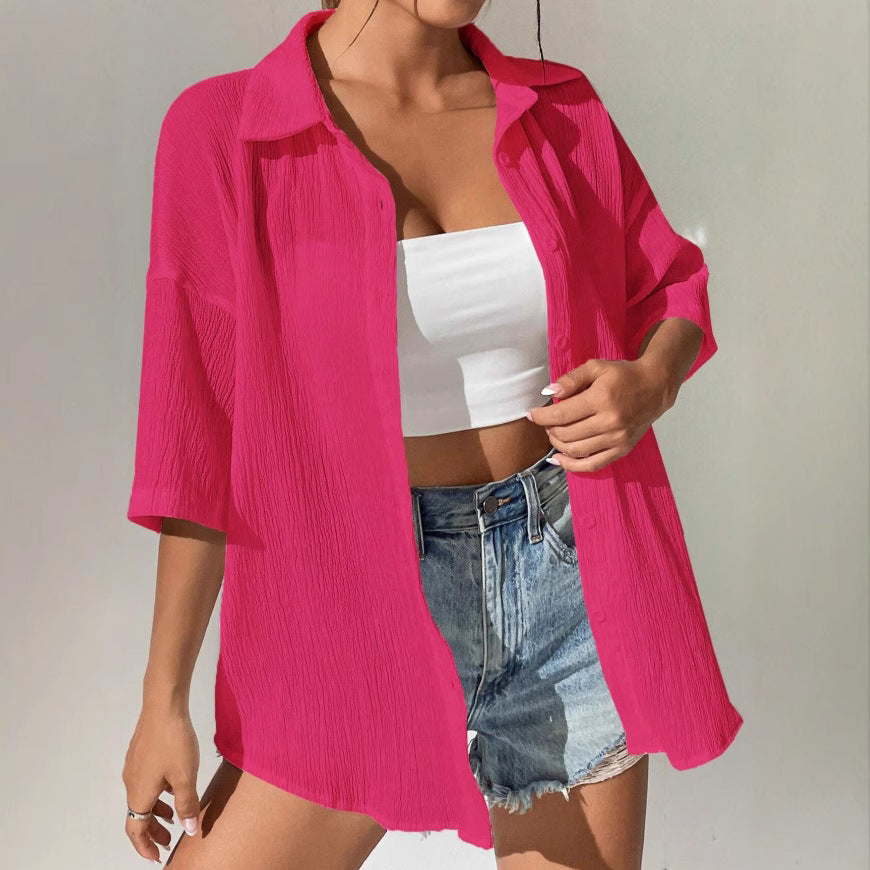 Crinkle Texture Oversized Button Down Shirt - red