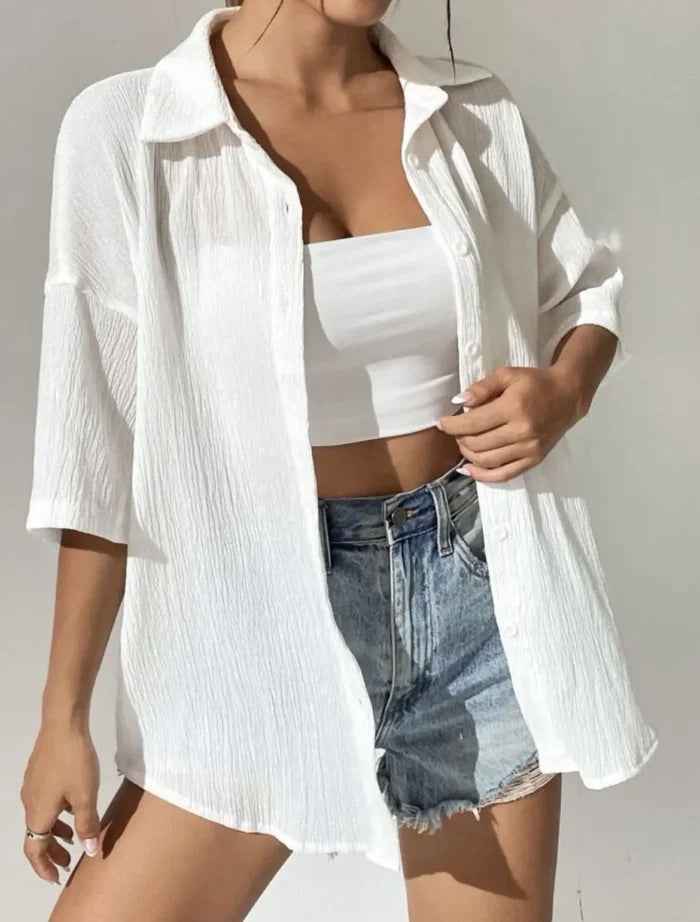 Crinkle Texture Oversized Button Down Shirt - white