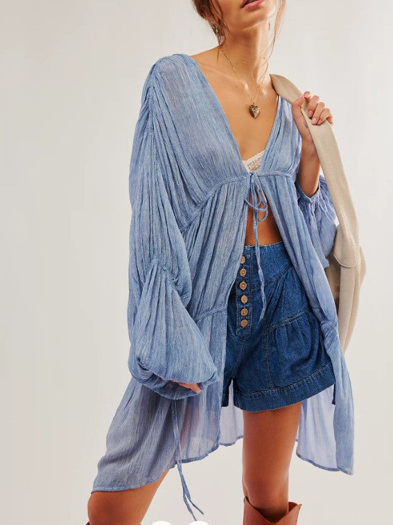 Tiered Puff Sleeve Sheer Duster Jacket - Blue