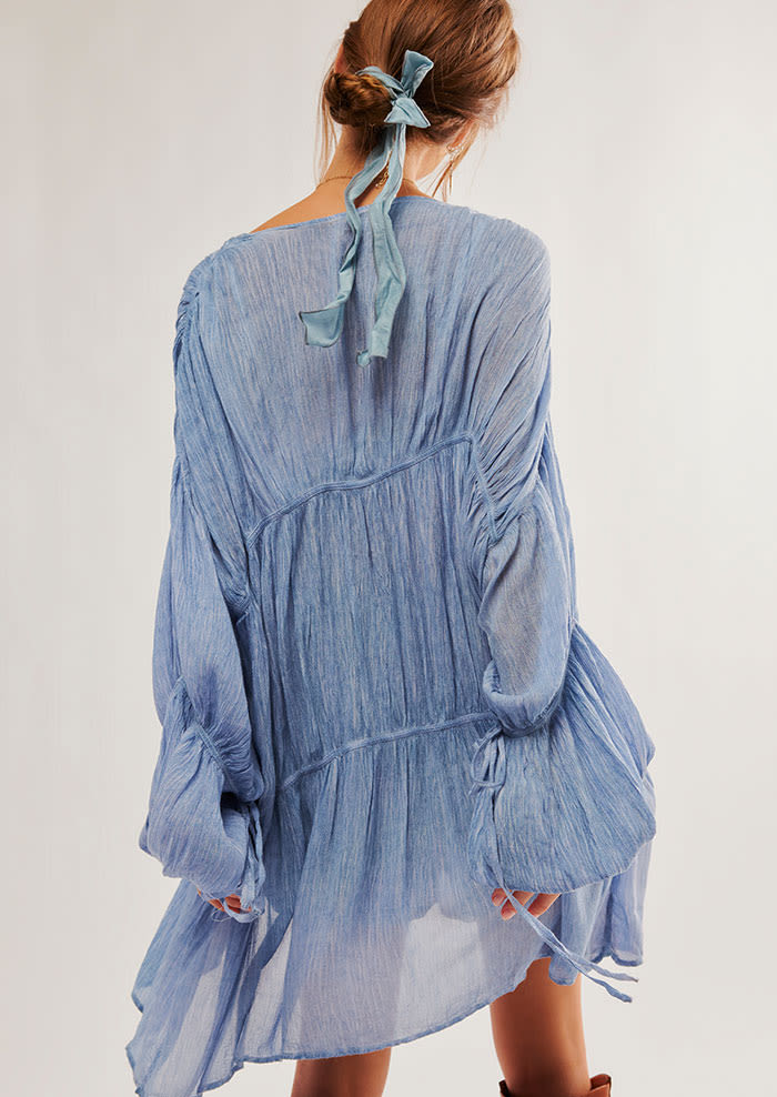 Tiered Puff Sleeve Sheer Duster Jacket - Blue - 1