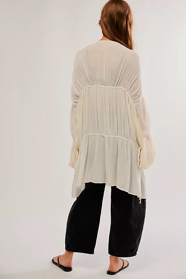 Tiered Puff Sleeve Sheer Duster Jacket - White - 1