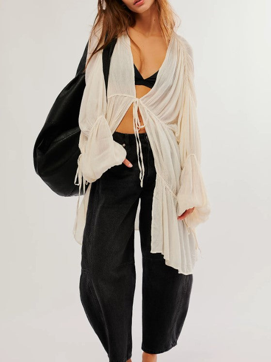 Tiered Puff Sleeve Sheer Duster Jacket - White - 4