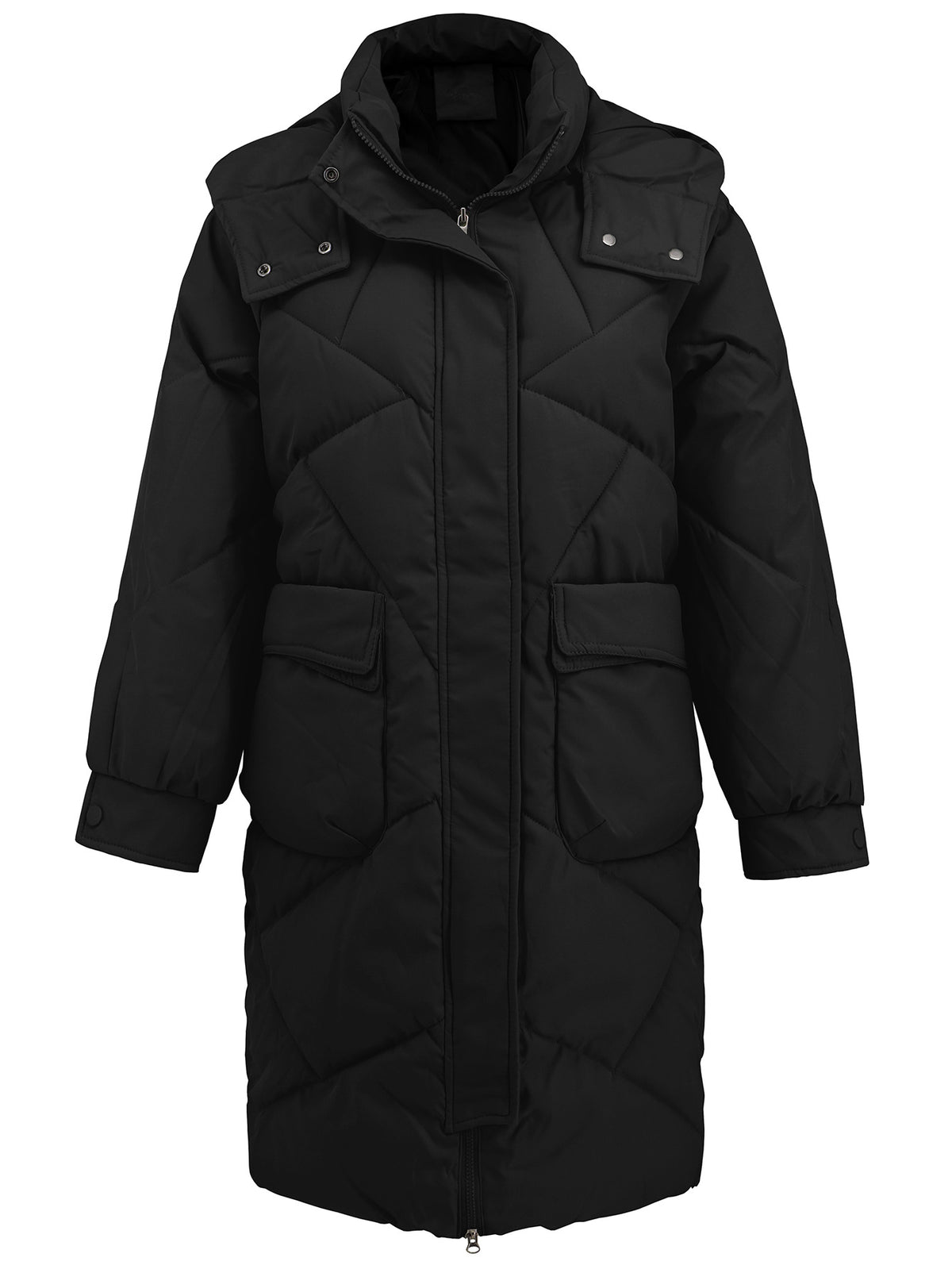 Hooded Longline Quilted Puffer Jacket - Black