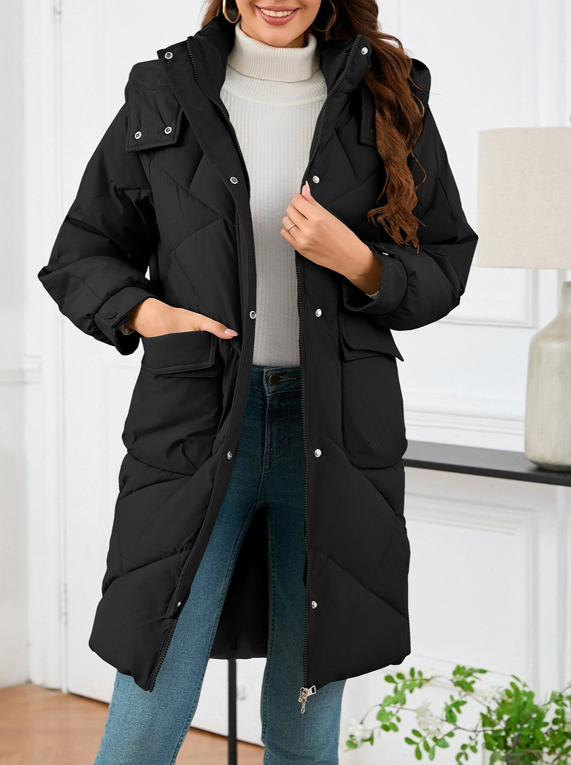 Hooded Longline Quilted Puffer Jacket - Black - 1