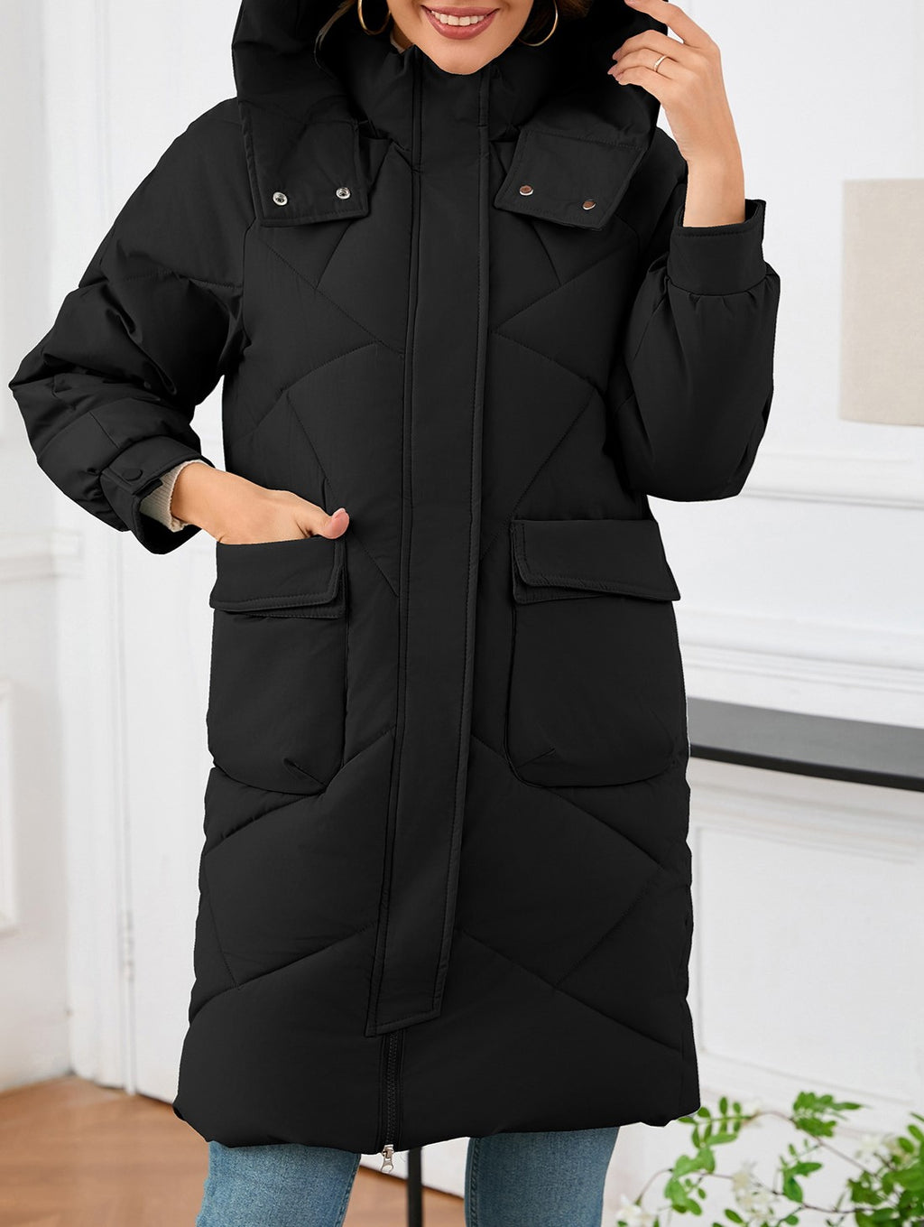 Hooded Longline Quilted Puffer Jacket - Black - 2