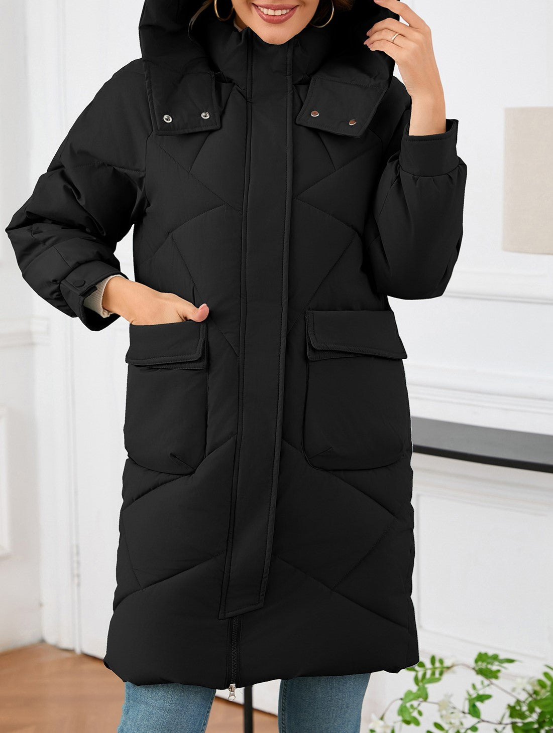 Hooded Longline Quilted Puffer Jacket - Black - 2