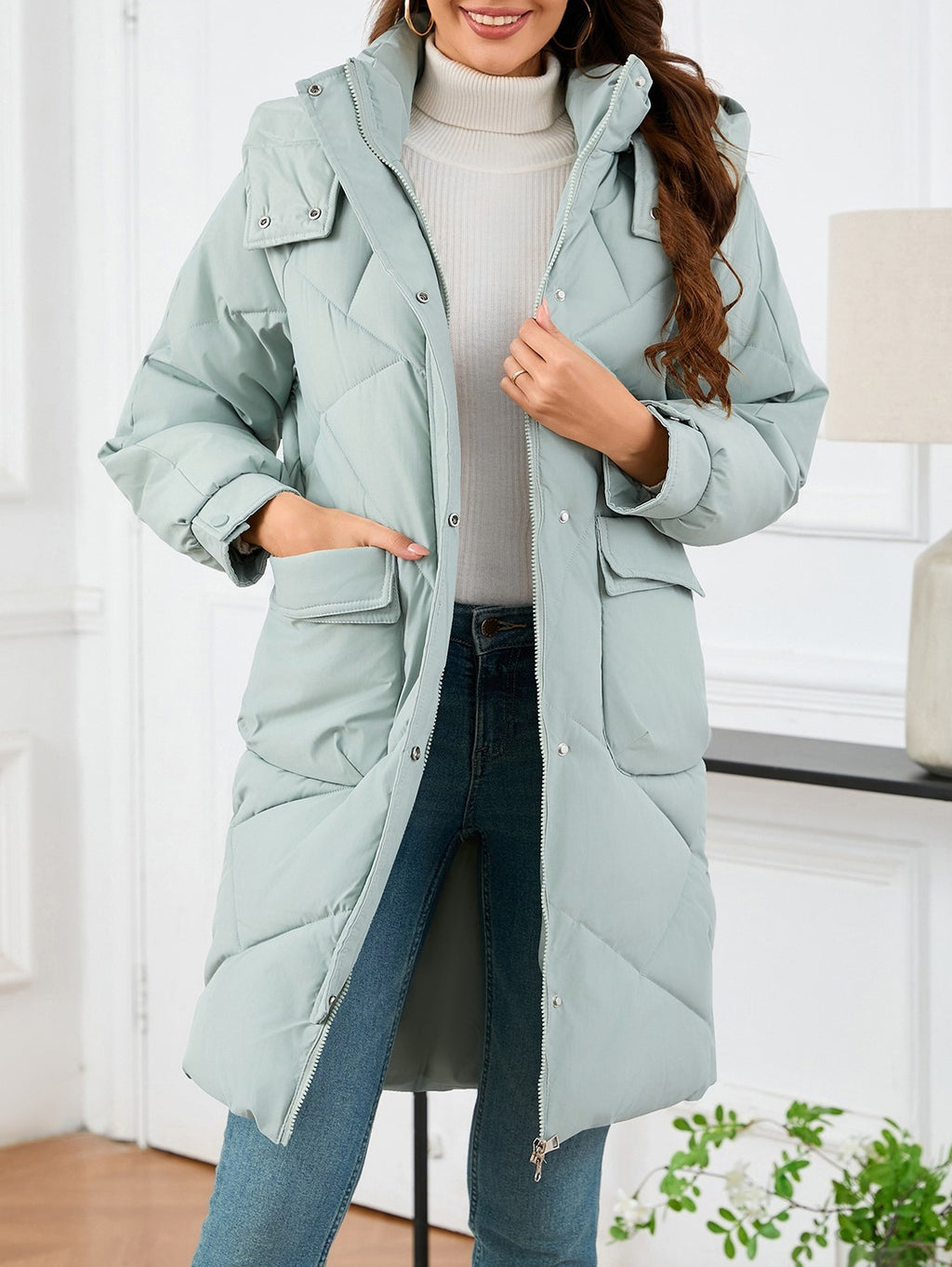 Hooded Longline Quilted Puffer Jacket - Green - 4
