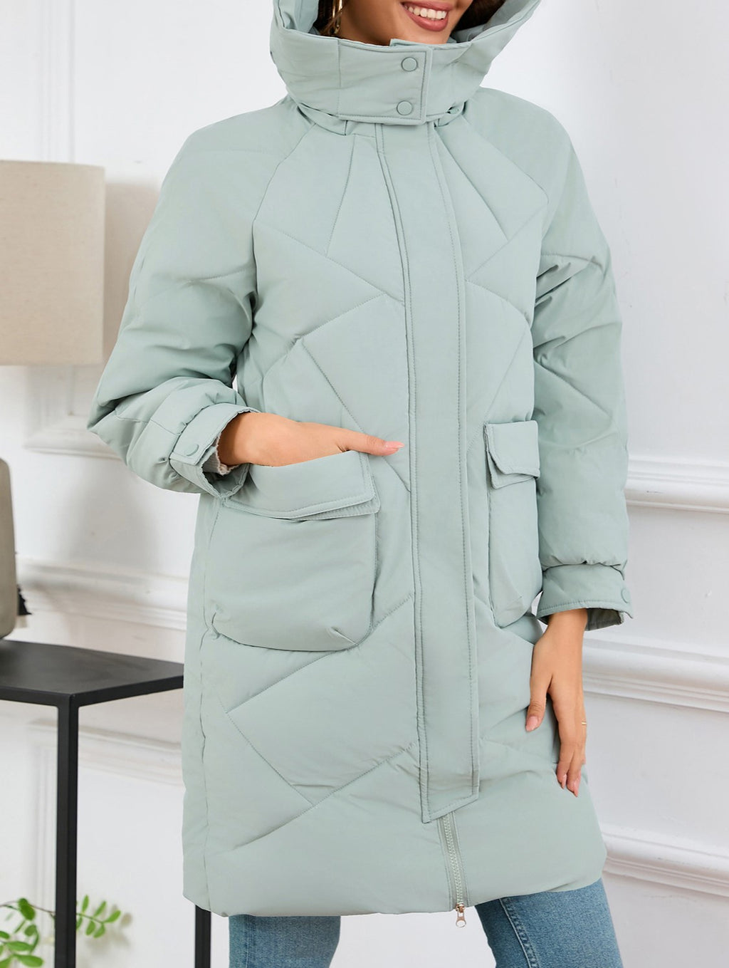 Hooded Longline Quilted Puffer Jacket - Green - 5