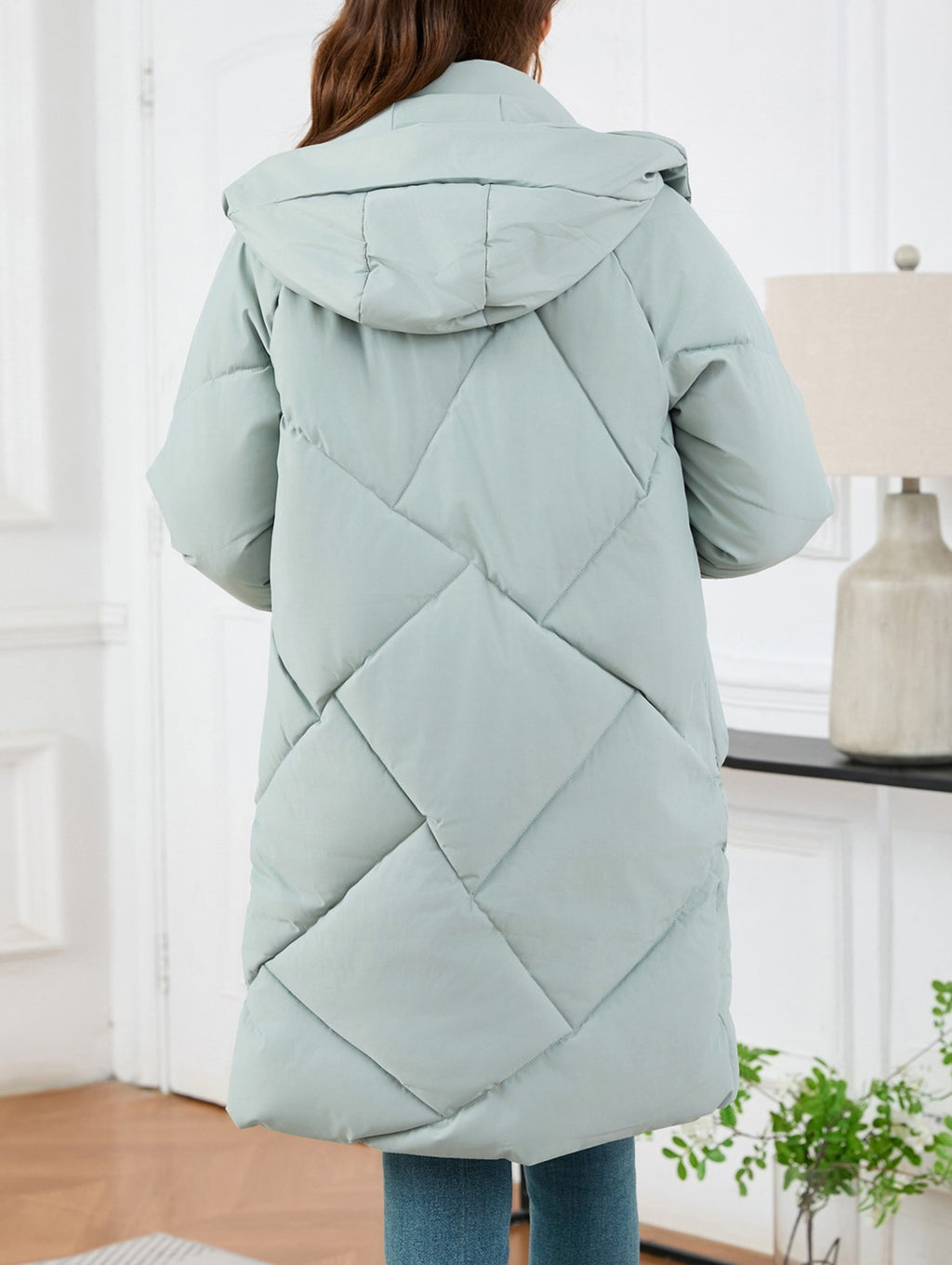 Hooded Longline Quilted Puffer Jacket - Green - 6