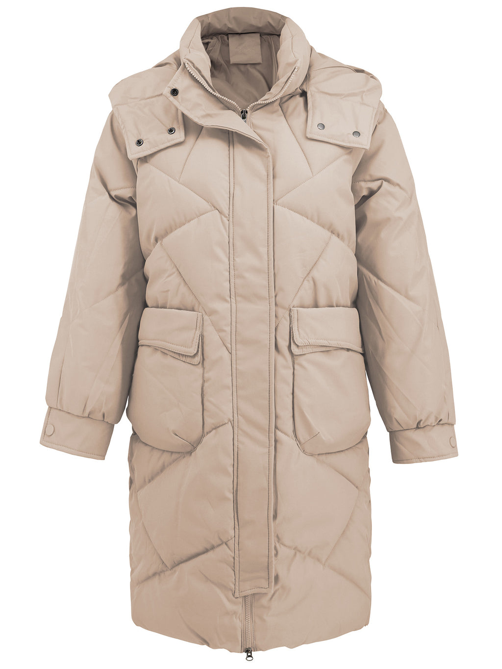 Hooded Longline Quilted Puffer Jacket - Khaki