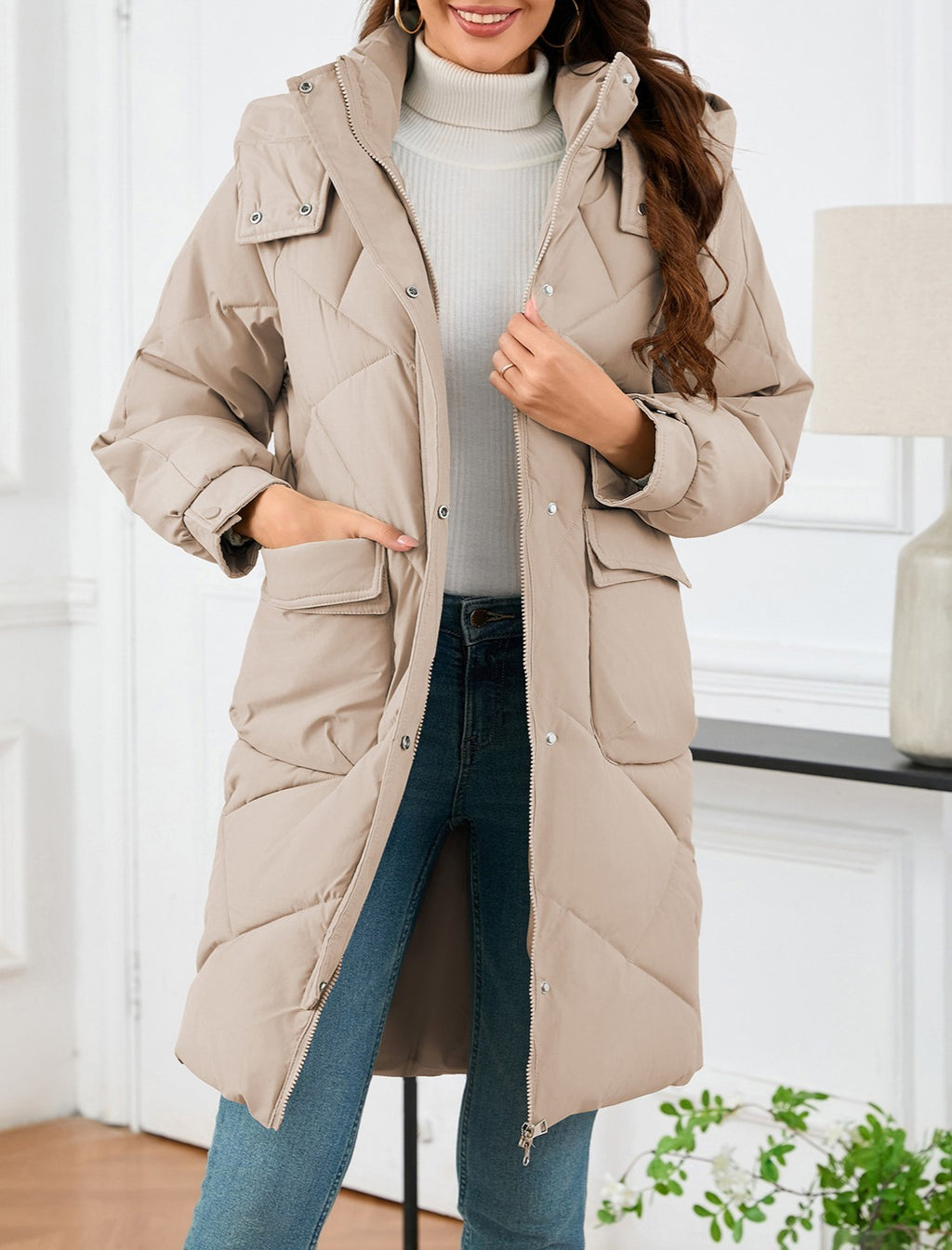 Hooded Longline Quilted Puffer Jacket - Khaki - 1