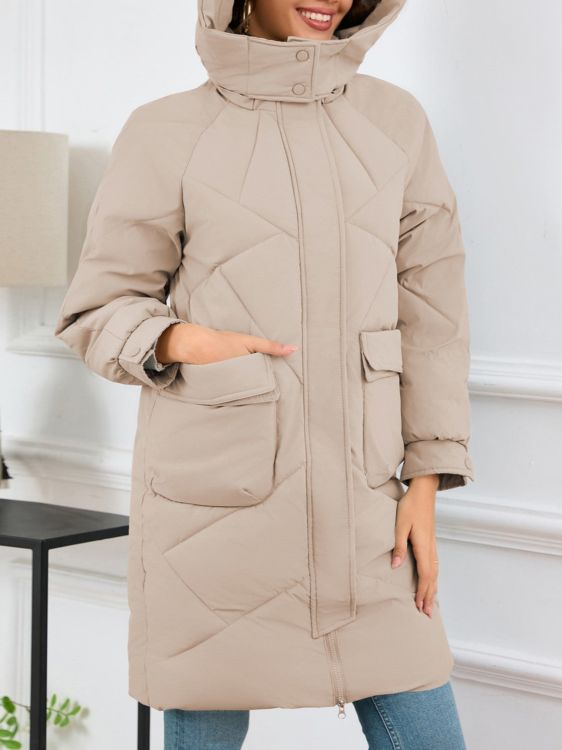 Hooded Longline Quilted Puffer Jacket - Khaki - 2