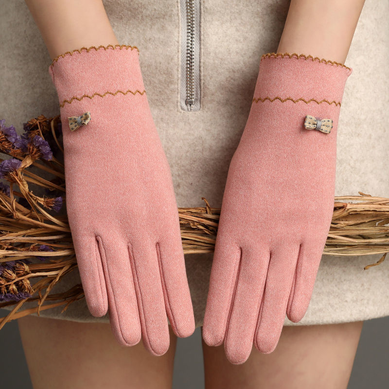 Scalloped Lace Cuff Bow Winter Gloves - Pink