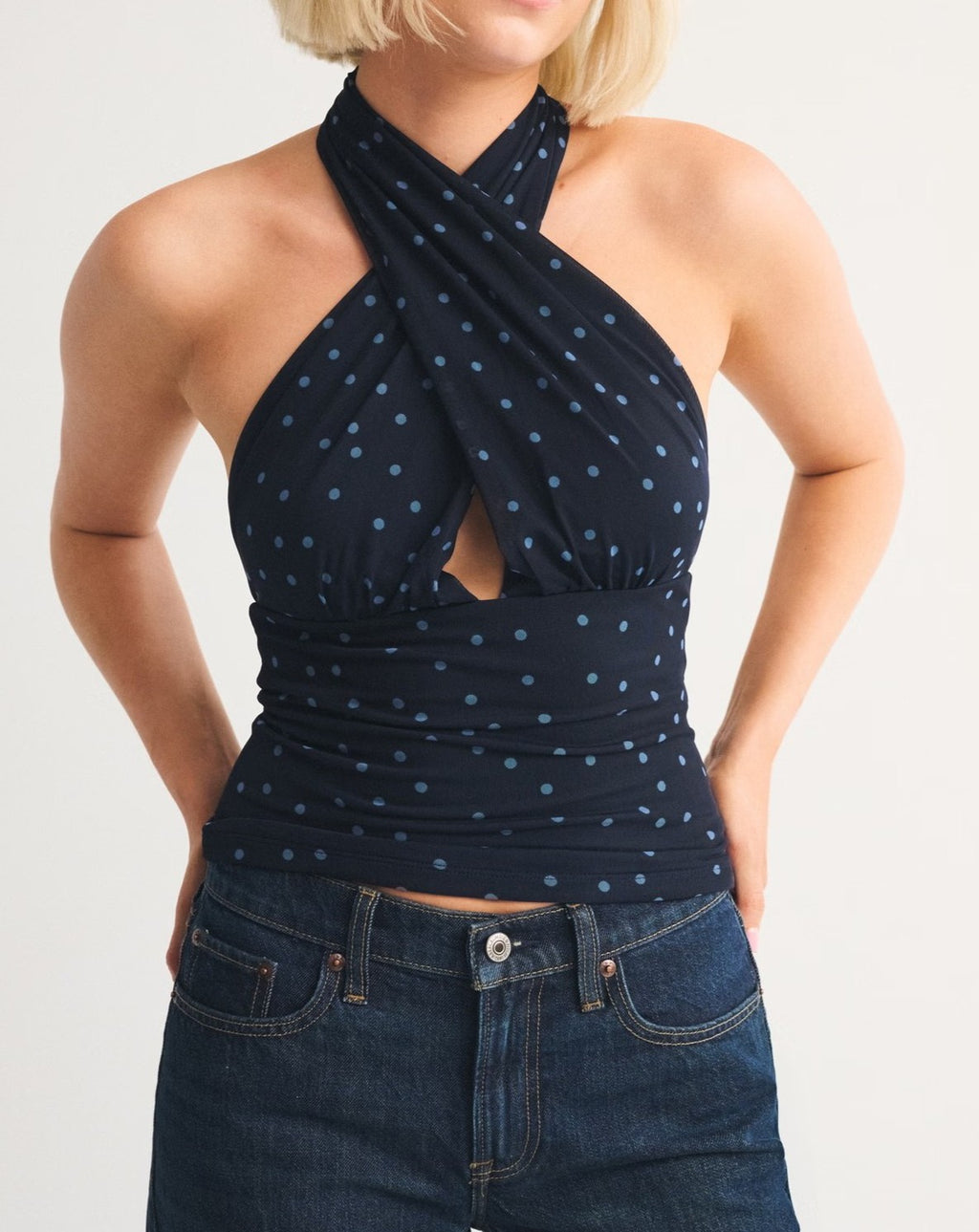 Polka Dot Mesh Halter Top With Neck Tie - NavyBlue