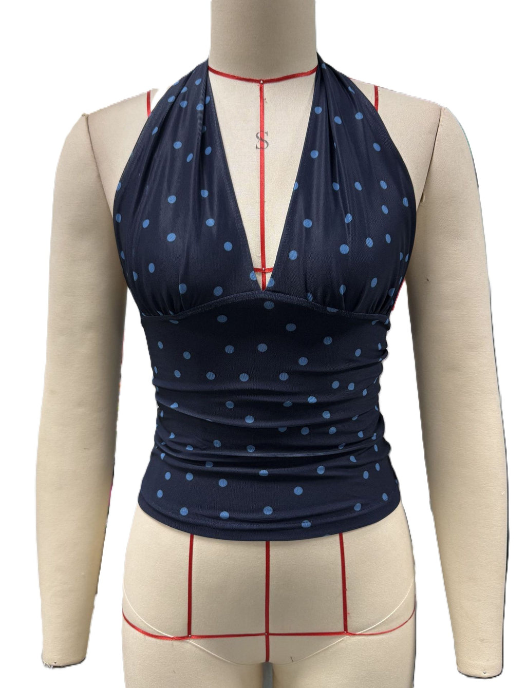 Polka Dot Mesh Halter Top With Neck Tie - NavyBlue - 1
