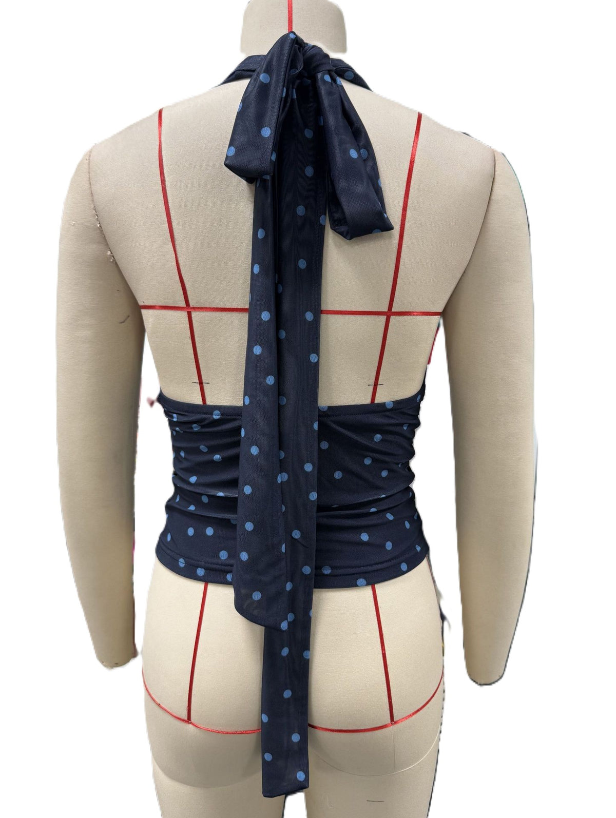 Polka Dot Mesh Halter Top With Neck Tie - NavyBlue - 2