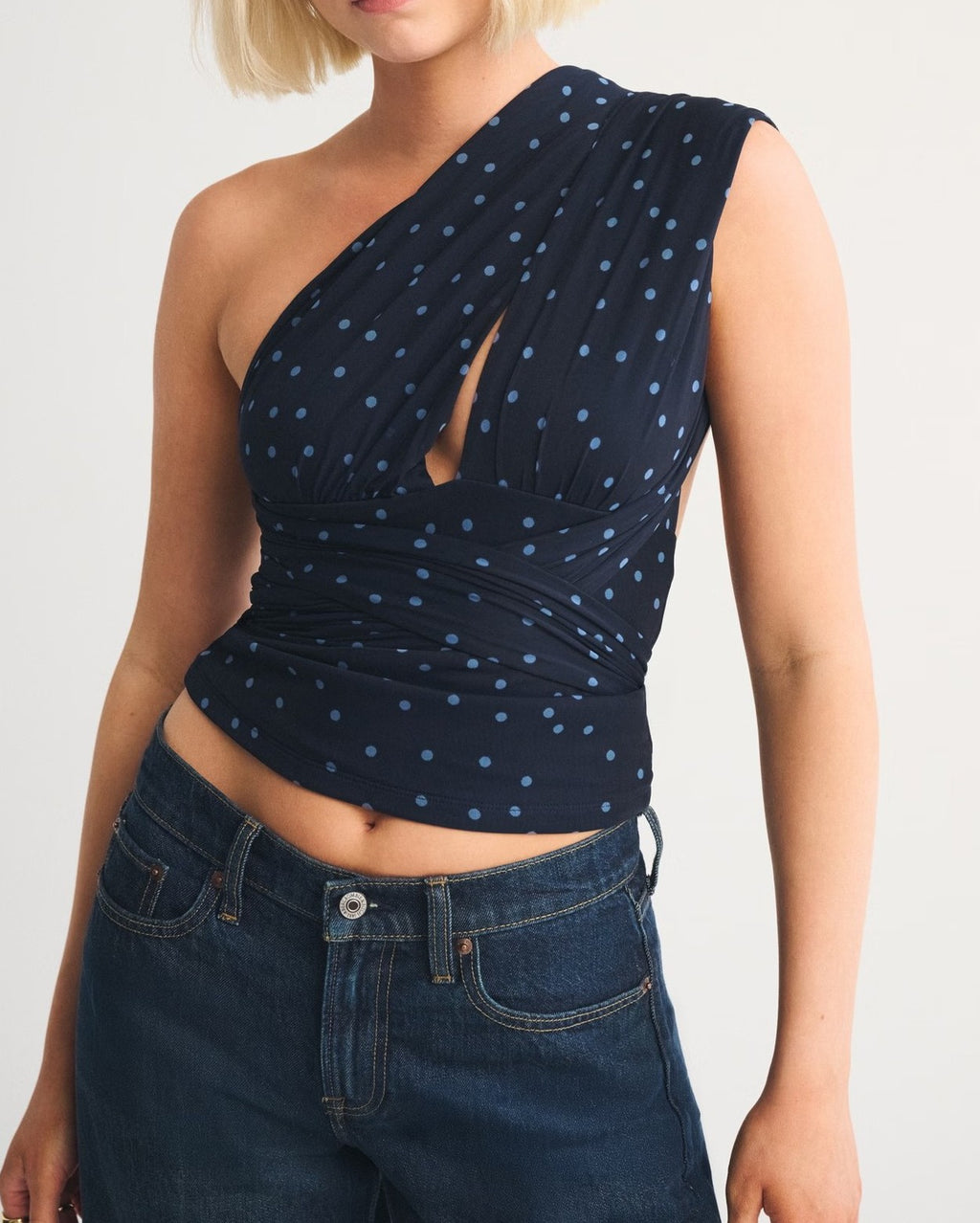Polka Dot Mesh Halter Top With Neck Tie - NavyBlue - 3