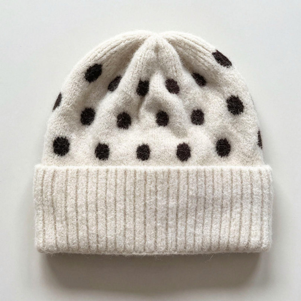 Polka Dot Fold Over Cuff Knit Beanie - Beige