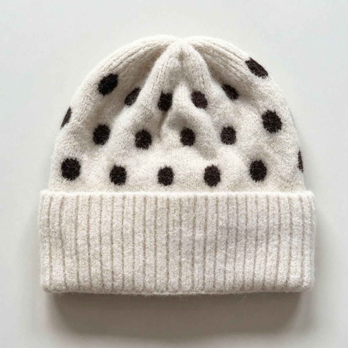 Polka Dot Fold Over Cuff Knit Beanie - Beige