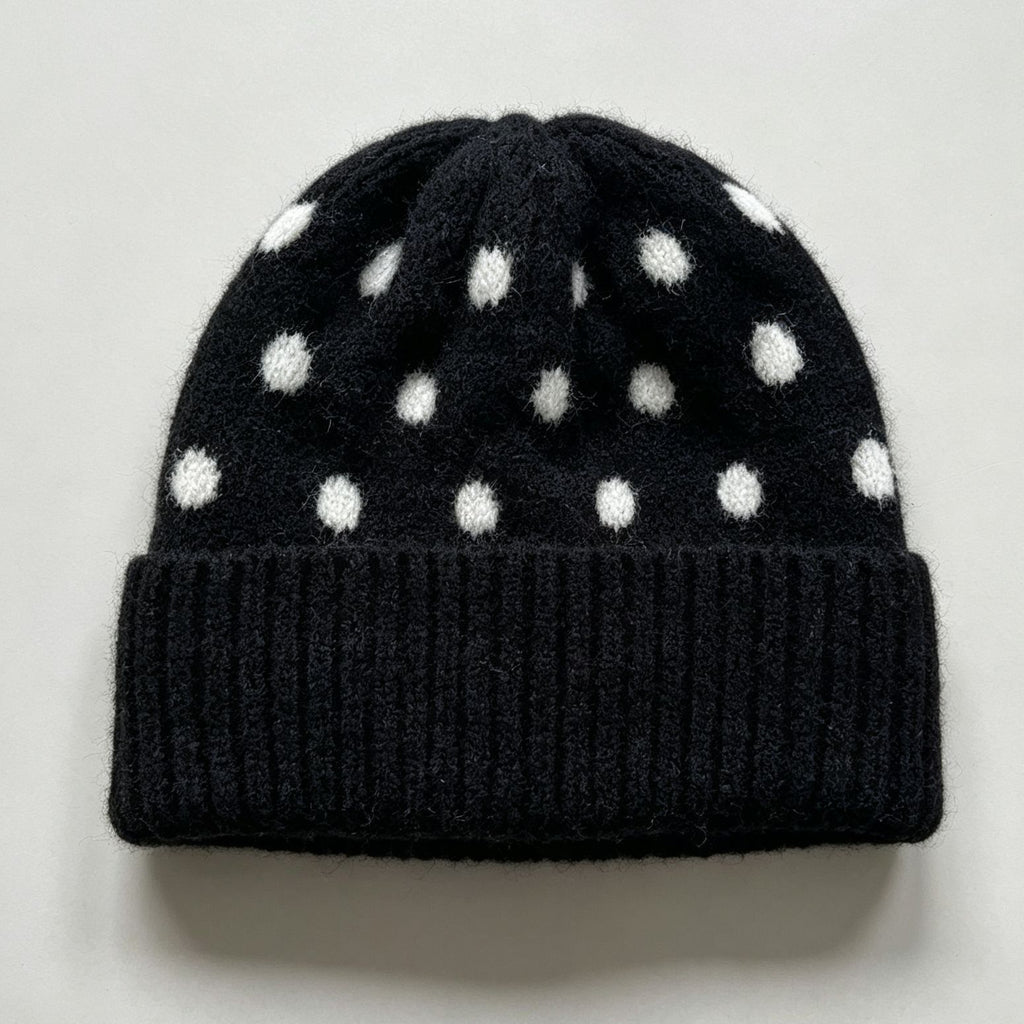 Polka Dot Fold Over Cuff Knit Beanie - Black