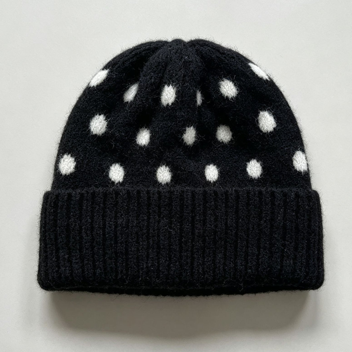 Polka Dot Fold Over Cuff Knit Beanie - Black