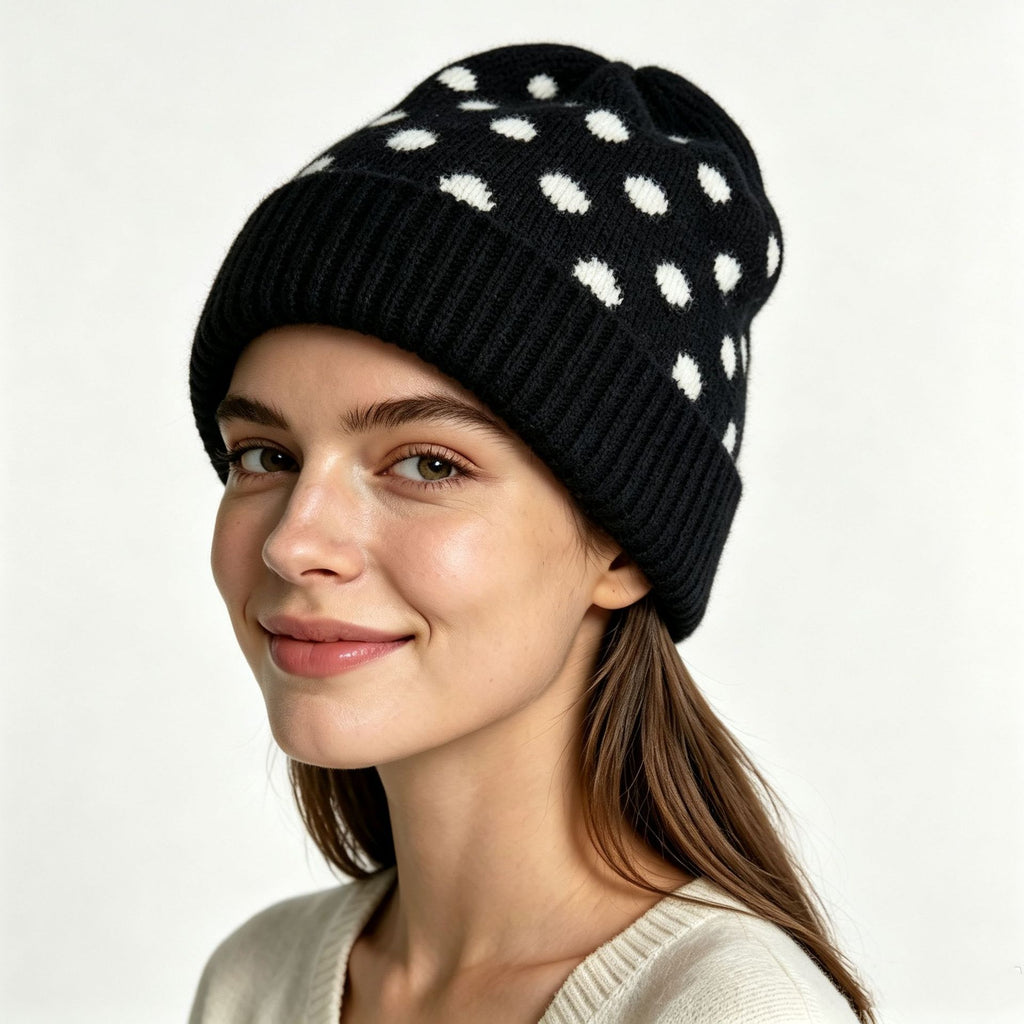Polka Dot Fold Over Cuff Knit Beanie - Black - 1