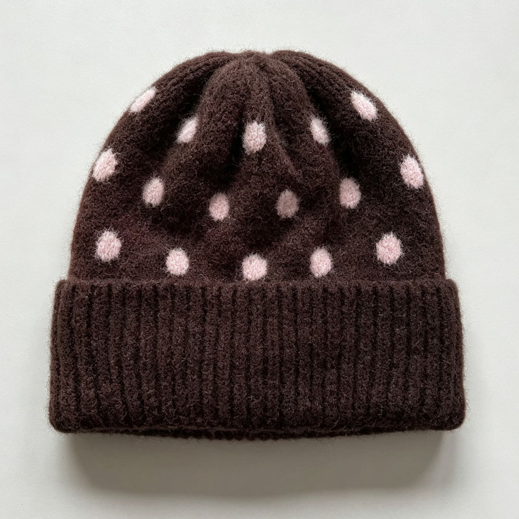 Polka Dot Fold Over Cuff Knit Beanie - Brown