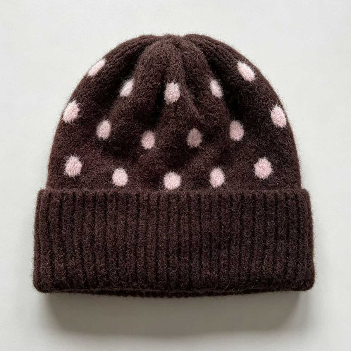 Polka Dot Fold Over Cuff Knit Beanie - Brown