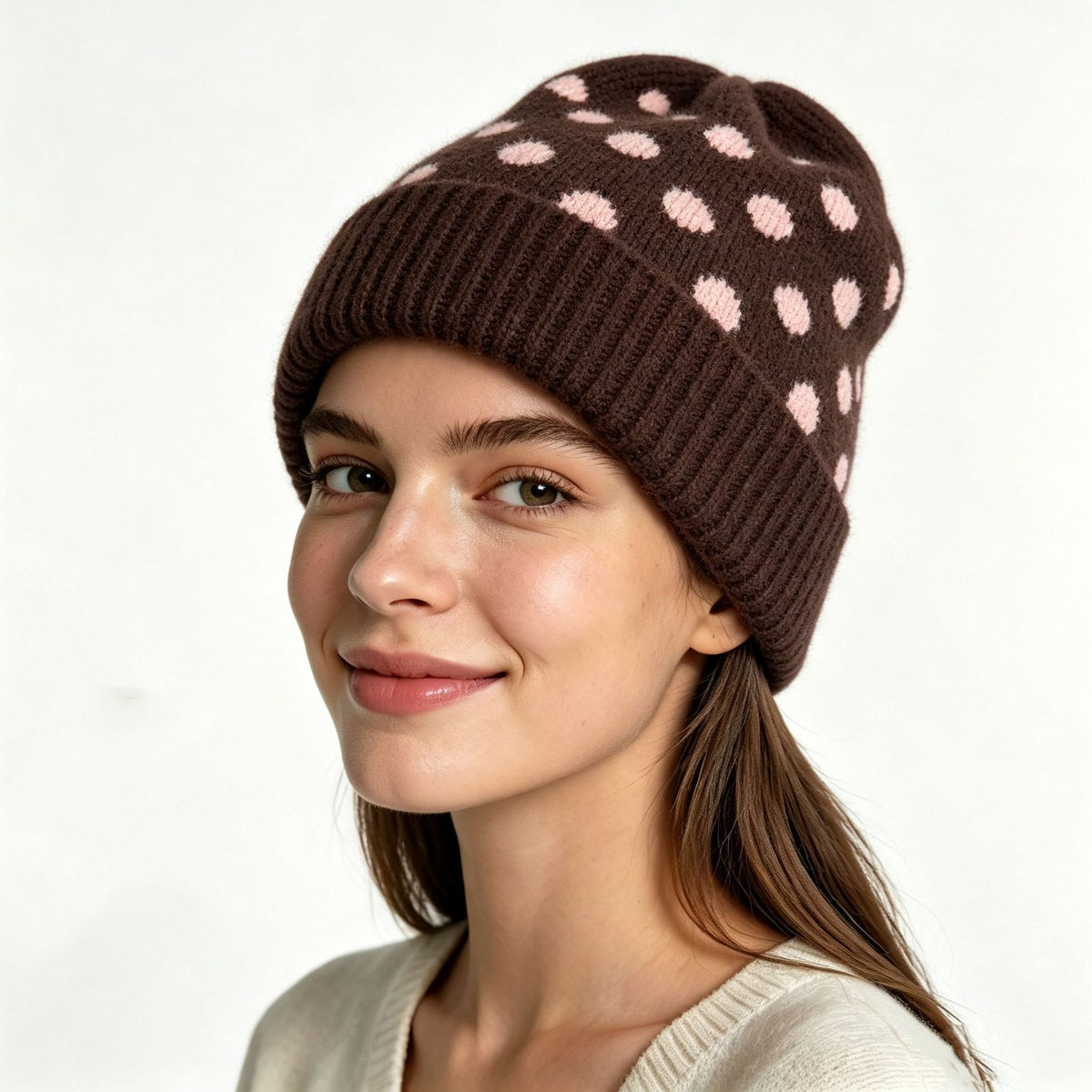 Polka Dot Fold Over Cuff Knit Beanie - Brown - 1