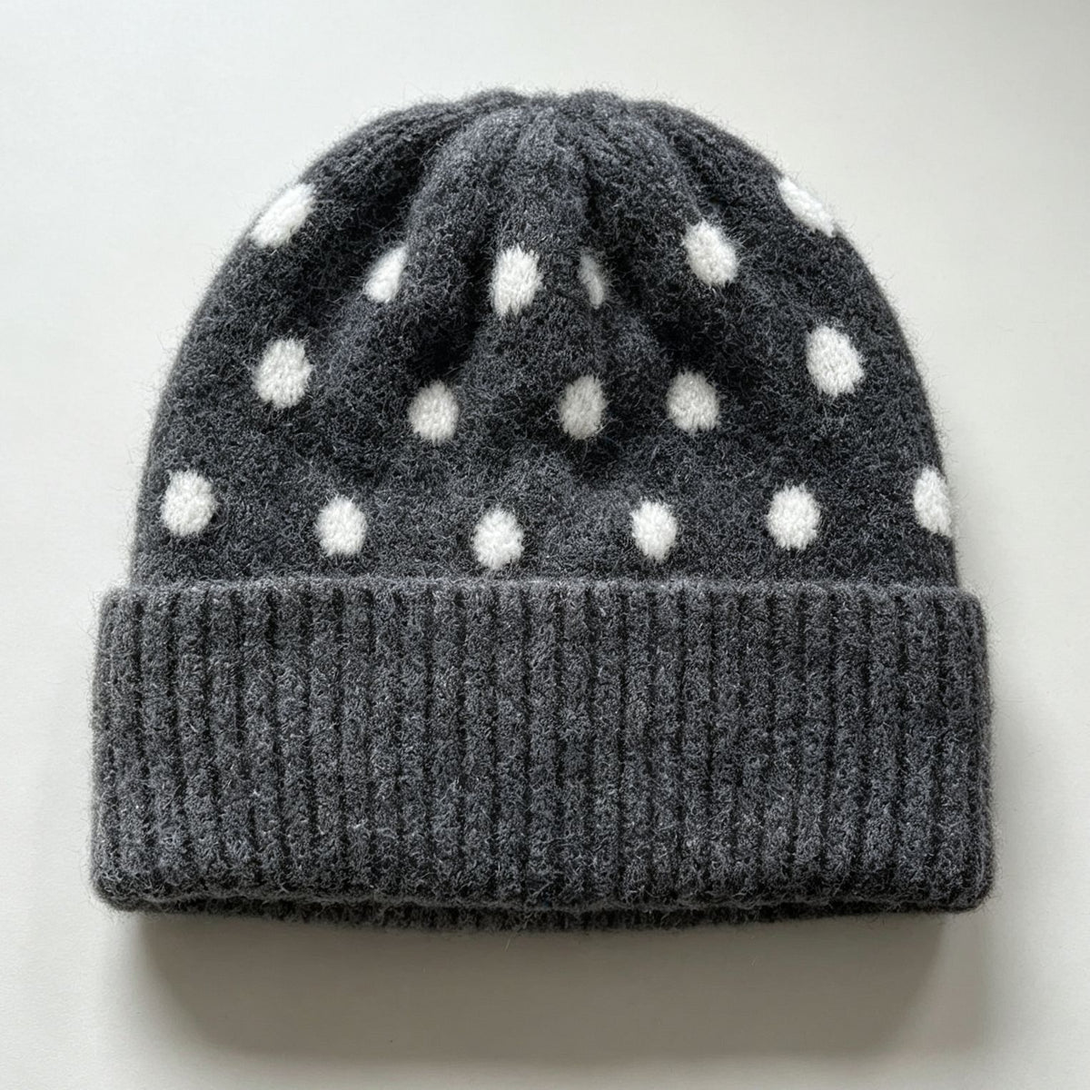 Polka Dot Fold Over Cuff Knit Beanie - DarkGrey