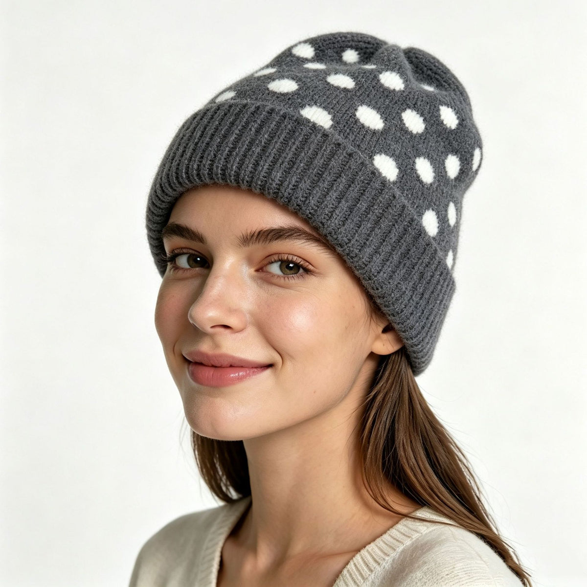 Polka Dot Fold Over Cuff Knit Beanie - DarkGrey - 1