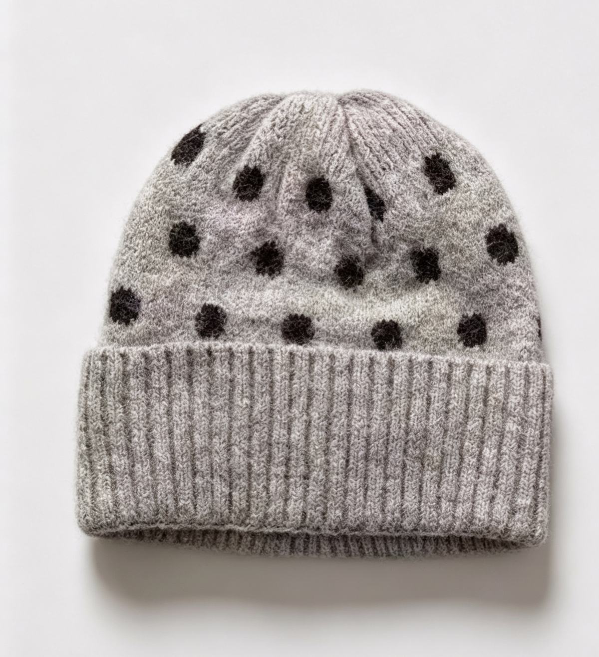 Polka Dot Fold Over Cuff Knit Beanie - Grey