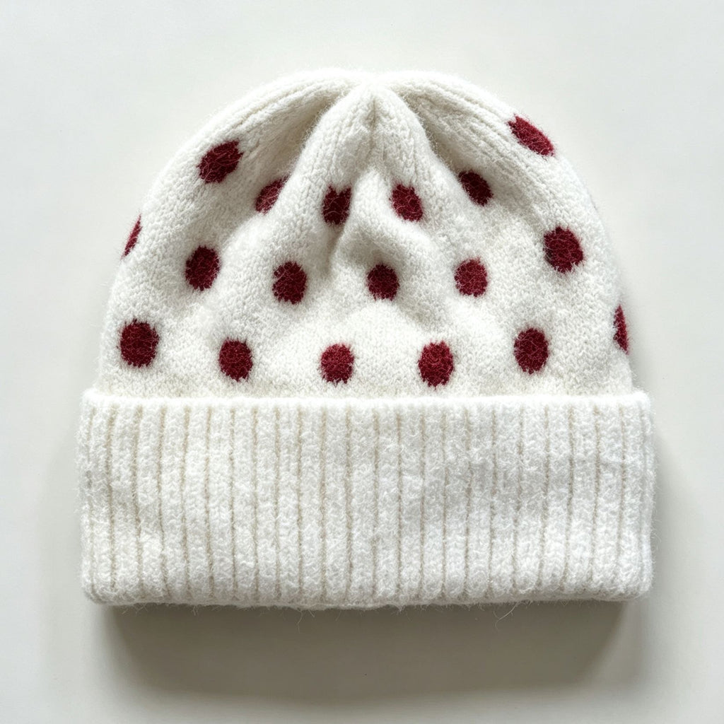 Polka Dot Fold Over Cuff Knit Beanie - White