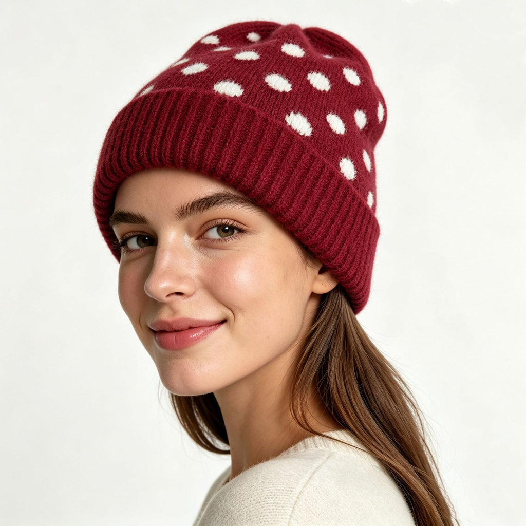 Polka Dot Fold Over Cuff Knit Beanie - Wine_Red