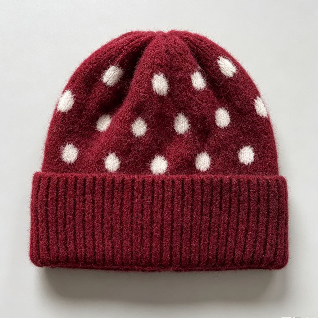 Polka Dot Fold Over Cuff Knit Beanie - Wine_Red - 1