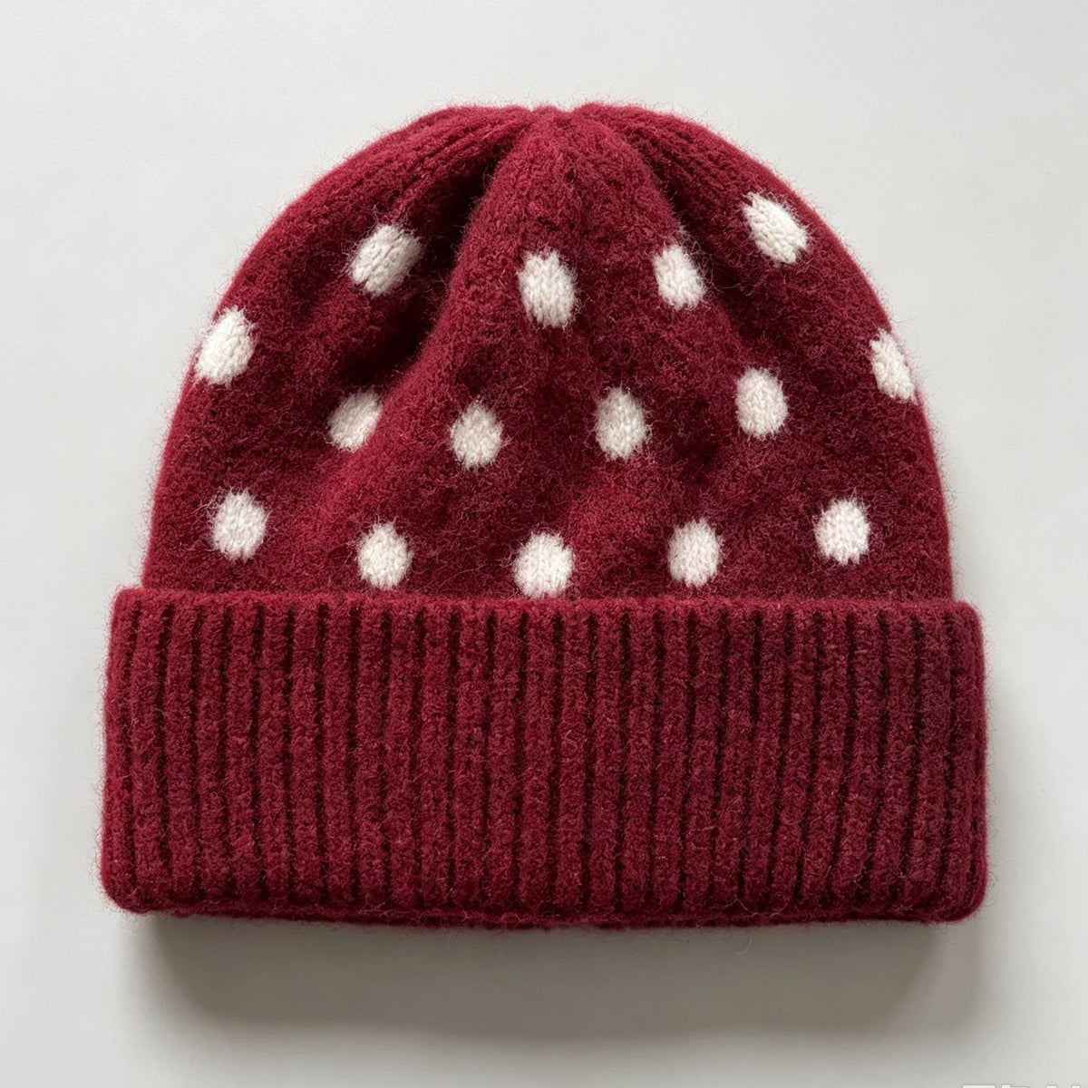 Polka Dot Fold Over Cuff Knit Beanie - Wine_Red - 1