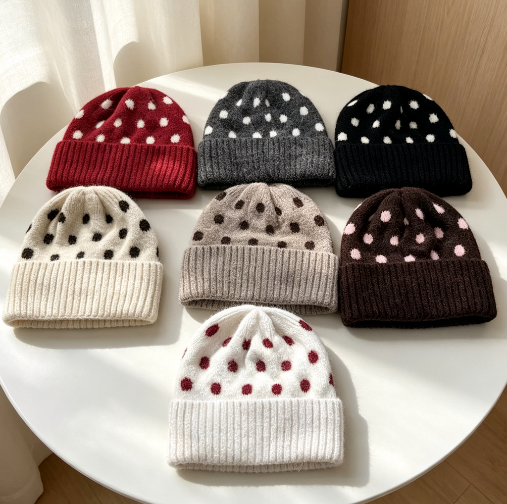 Polka Dot Fold Over Cuff Knit Beanie - view 1