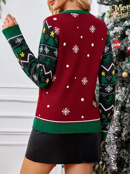 Dinosaur Christmas Tree Novelty Knit Sweater - Winered - 1