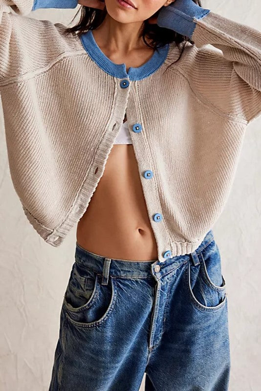 Two Tone Ribbed Cuff Cropped Cardigan - Beige - 2