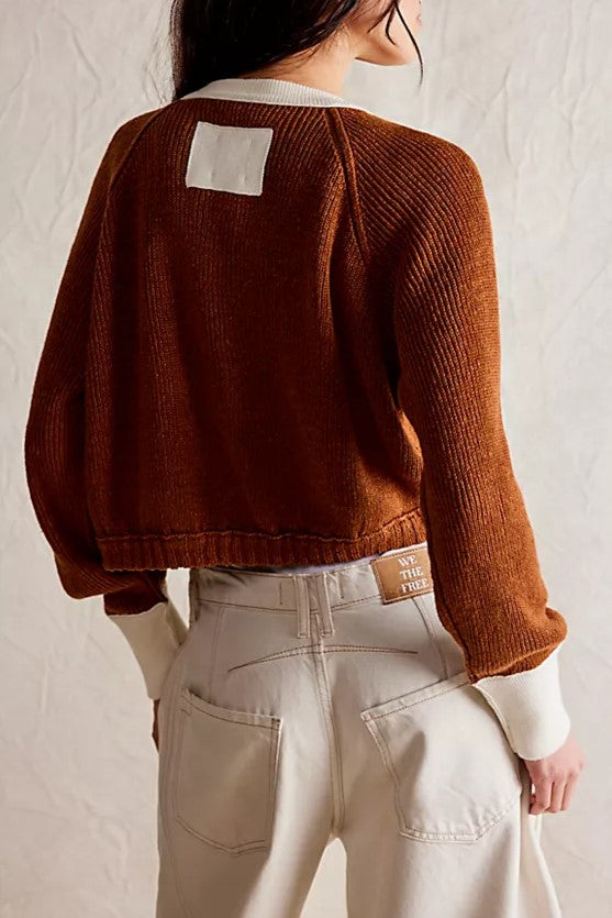 Two Tone Ribbed Cuff Cropped Cardigan - Brown - 1