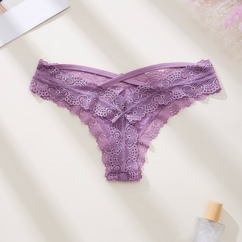 Floral Lace Mesh Crisscross Back Low Rise Thong - Lavender
